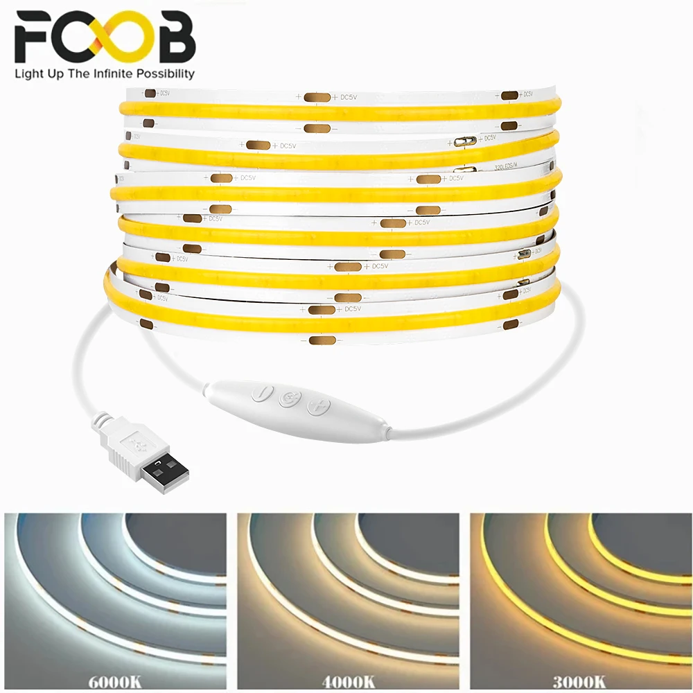 DC 5V LED COB Strip Light USB with Mini Controller Dimmable High Density Linear Lighting 320LED 3000-6500K Flexible Tape Lights