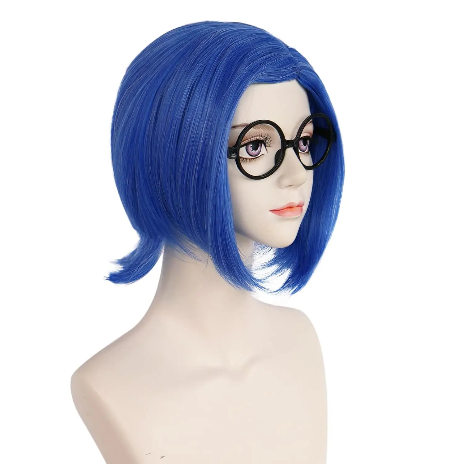 Synthetische blaue Traurigkeit Perücke【+Perückenkappe+Brille】Kurze blaue Bob-Perücken Cosplay-Perücke Frauen gerade blaue Perücke Kostüm-Outfit Halloween – Detail 4