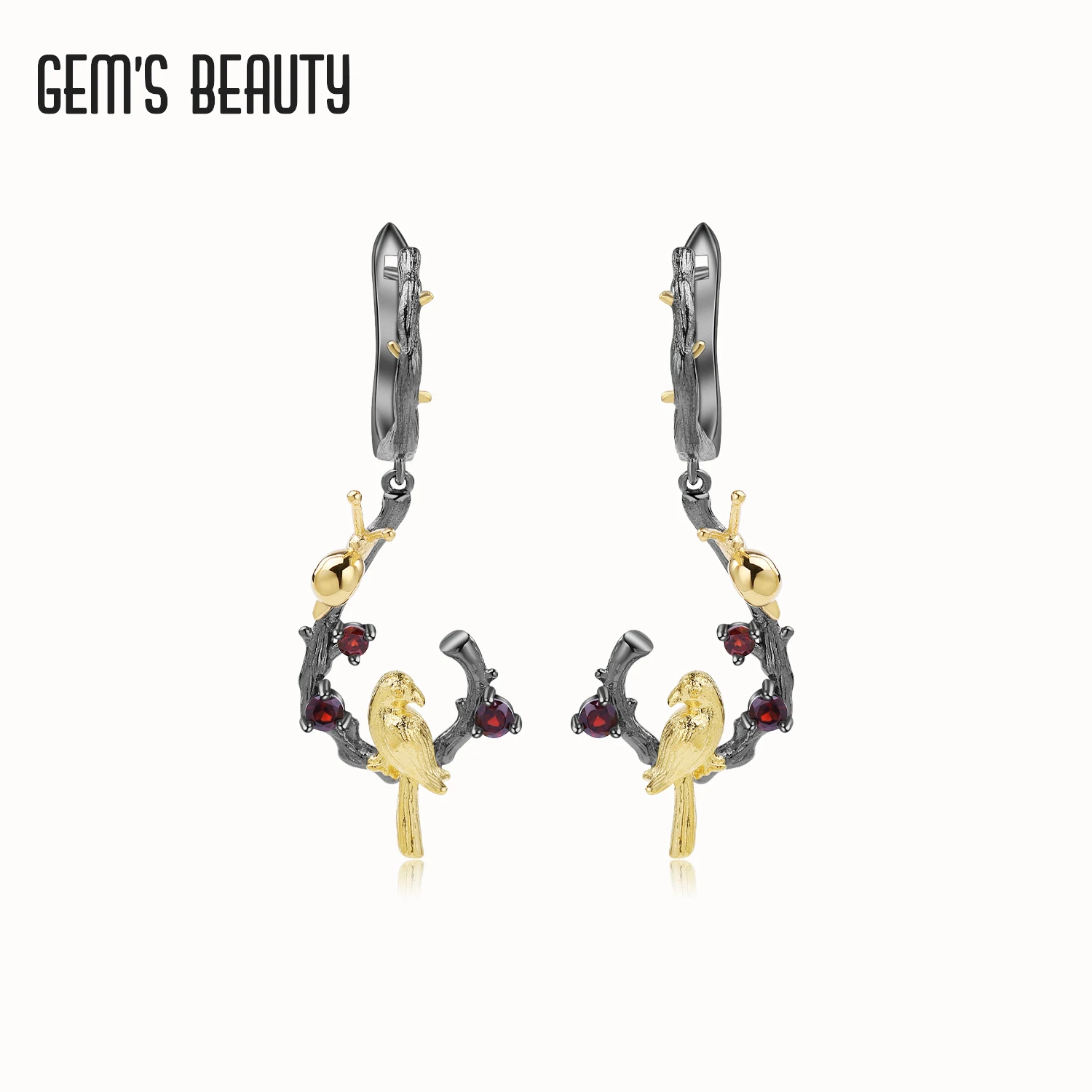 

GEM'S BEAUTY 925 Sterling Silver 18K Gold Filled For Women Earrings Snail Bird Natural Garnet Handmade Omega Earrings