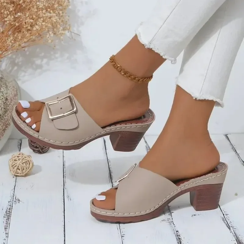 Women Metal Buckle Platform Heel Slippers Summer New Female Beach Sandals  Fashion Woman Casual Open Toe Slides