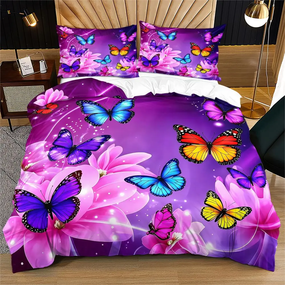 Butterfly Duvet Cover Set 3D Digital Print Bedding Set Purple Floral Quilt Cover Soft Microfiber Home Bedroom Decor