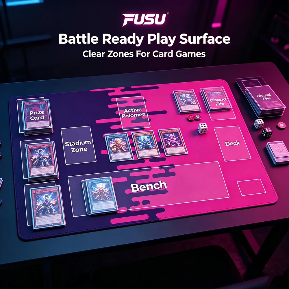 Neon Purple Blue Galaxy Zoned Playmat Card Zone Bench Deck Discard Pile Prize Card Anti‑Slip Rubber Table Mat TCG Trading Card