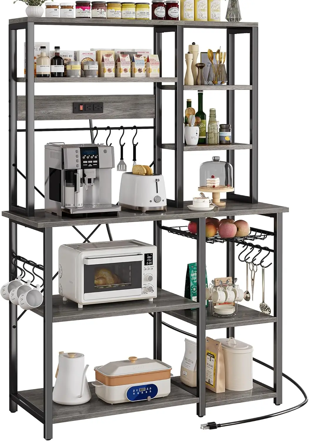 Bakers Rack with Power Outlets, 6-Tier Microwave Stand, Coffee Bar with 12 S-Shaped Hooks, Kitchen Shelf with Wi