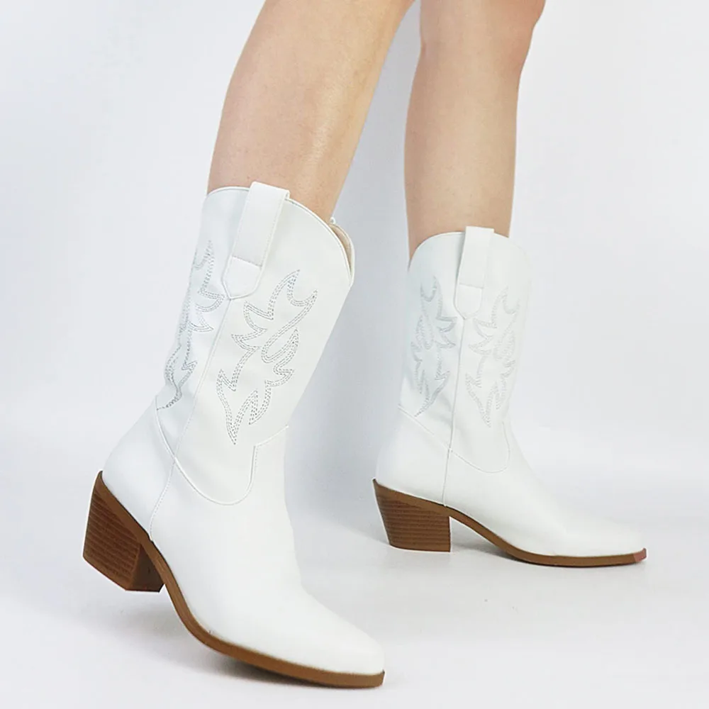 حذاء برقبة كاحل راعية البقر الراقي للنساء ، حذاء برقبة غربي ، إصبع مدبب ، حذاء بكعب متوسط مكتنز ، ترفيهي ، كل المقاسات