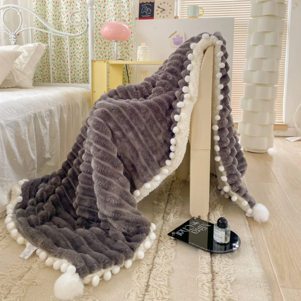 

Striped Fluffy Blanket Milk Velvet Soft Cozy Pompom Decor 3D Stereo Home Bedding Solid Color Warm Travel Blanket for All Seasons