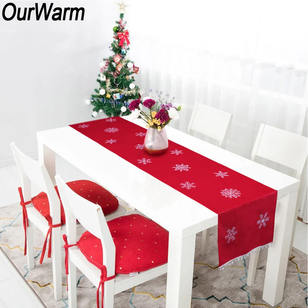 OurWarm christmas table runners 72 inch Table Flag Cover Snowflake Table Runner white pom pom Embroidered Christmas Decorations