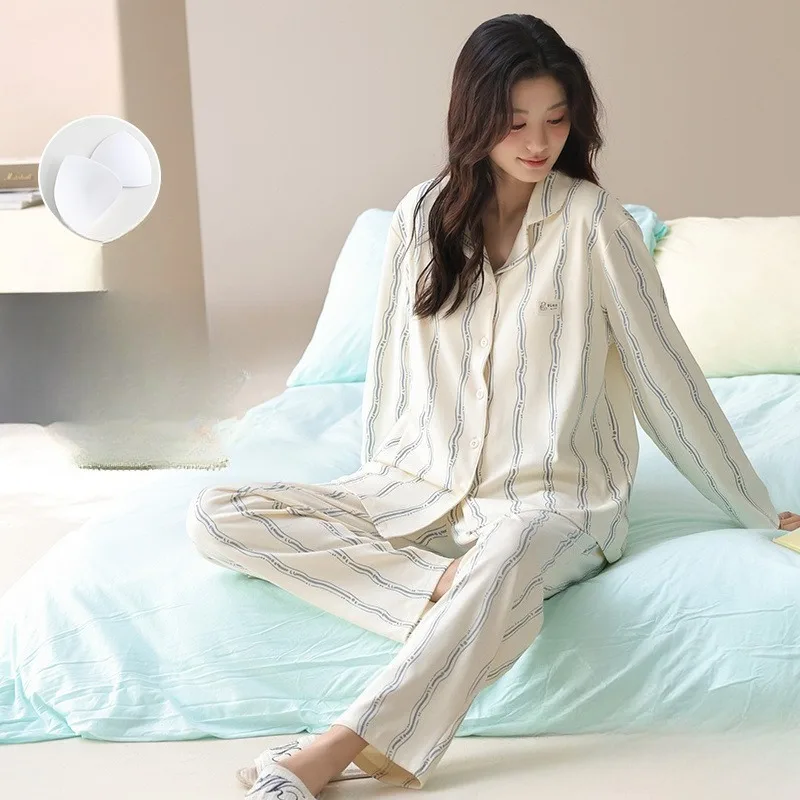 

New Pajamas Long-sleeved Home Wear Set Cardigan Chest Pad Pure Cotton Women High Appearance Level Home Spring Autumn Long Pants