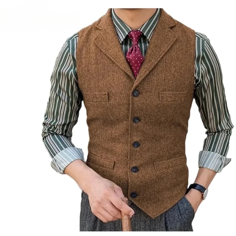 Men's Slim Fit Wool Vest - Custom Herringbone Tweed Waistcoat For Groomsmen, Wedding & Business | Dress Gilet, Vintage Style, Ta