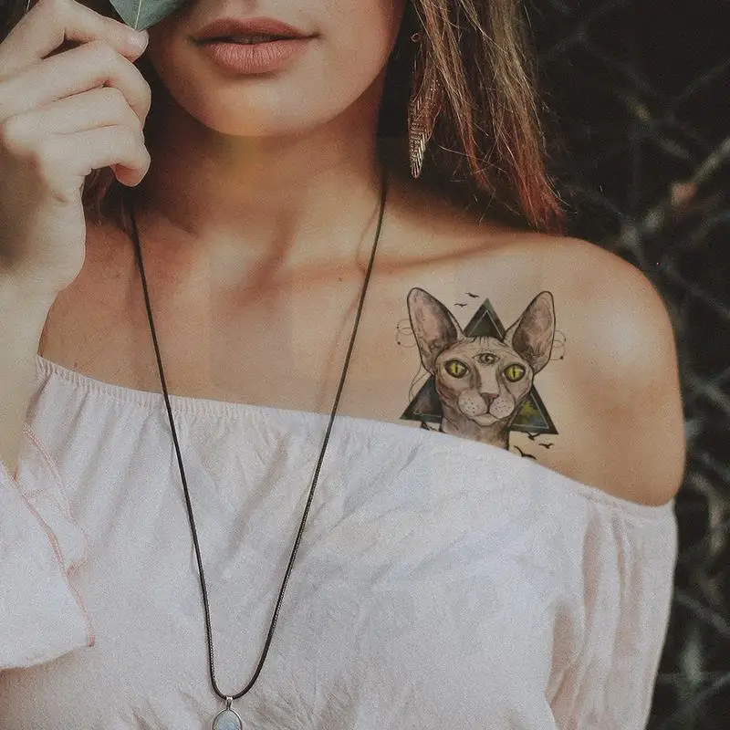 

Cartoon Three Eyes Sphinx Cat Temporary Tattoos Canadian Hairless Tatto Body Art Waterproof Fake Tatoo Sticker for Woman Men