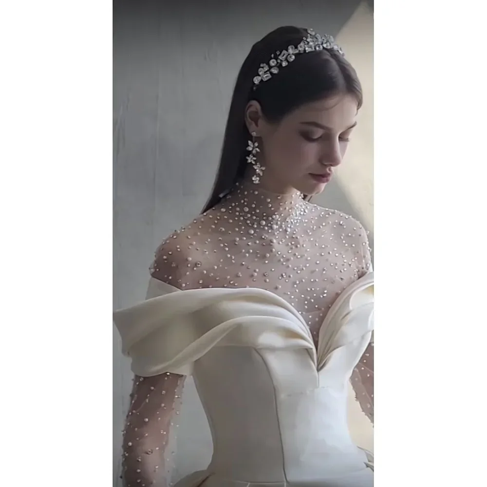 Vestidos de casamento elegantes, pérolas de cristal, gola alta, drapeados, vestidos de baile, marfim, mangas compridas, moda, trem de varredura, vestidos de noiva