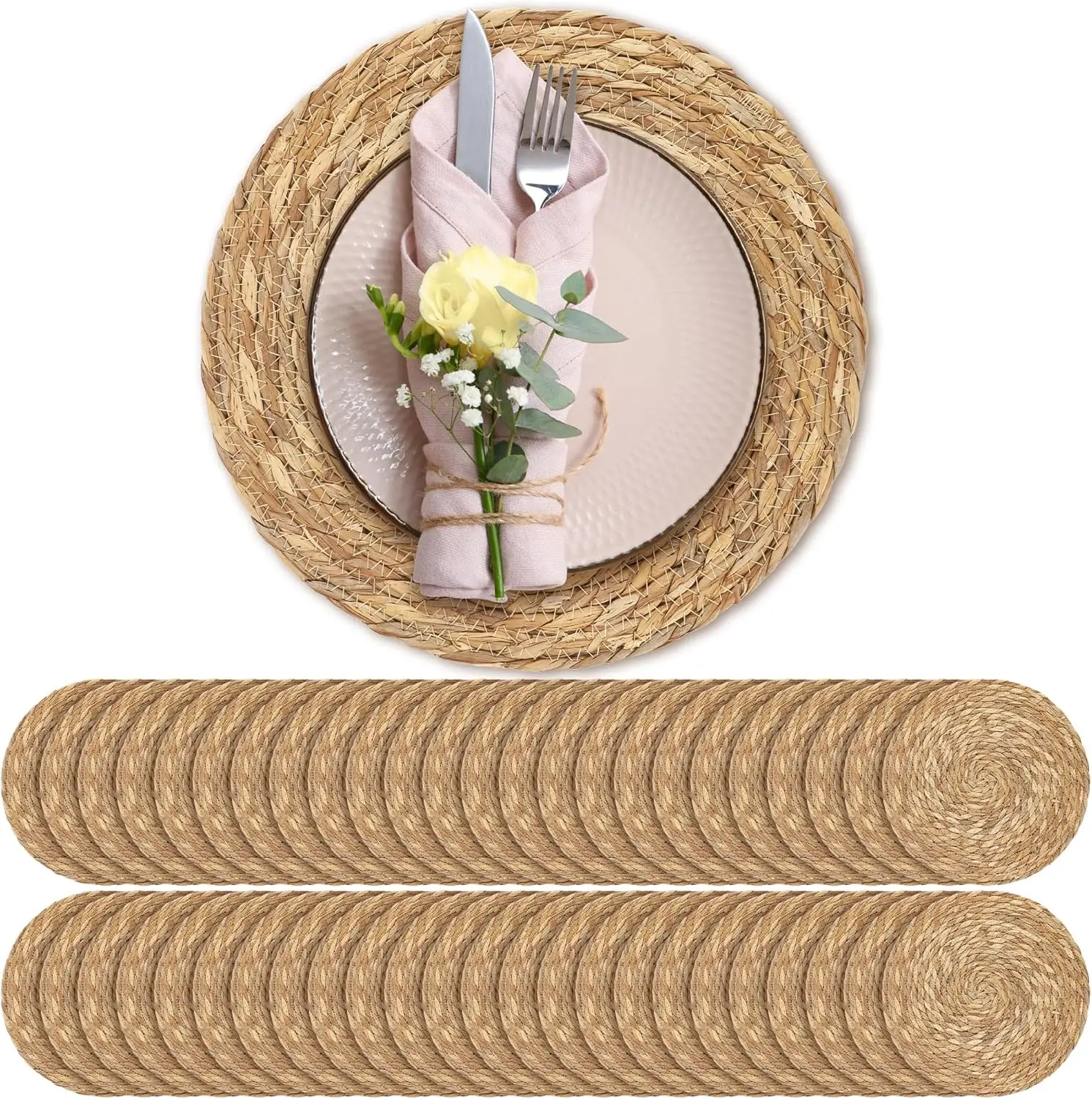 

48 Pack 13.8-Inch Round Woven Placemats Natural Hand-Woven Boho Rattan Wicker for Dining Table Decor
