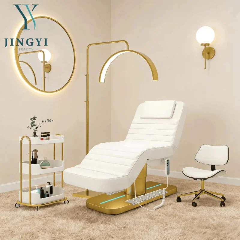 Custom Salon 4 Motors Bed Beauty Bed Reclinable Gold Base Massage Table and Bed with Foot Control