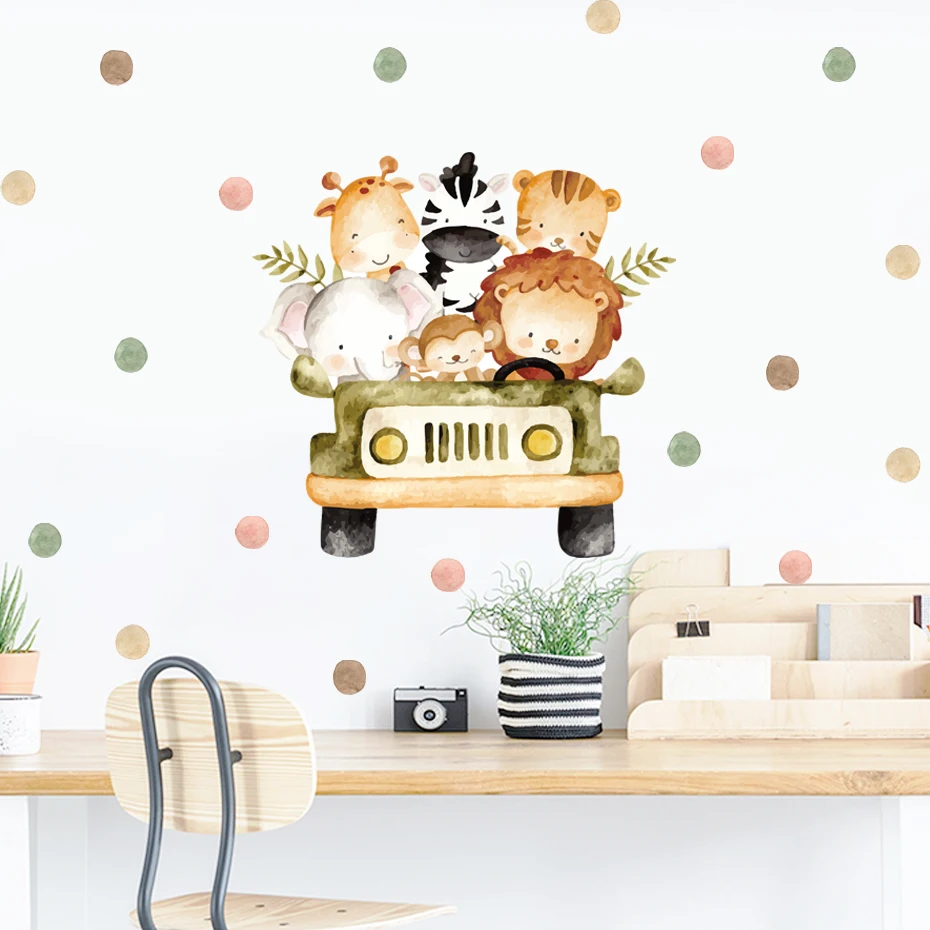 Cartoon Cute Lion Elephant Animal Car Dots Watercolor Vinyl Nursery Wall Decals Print Kids Girls Babys Room Interior Home Decor