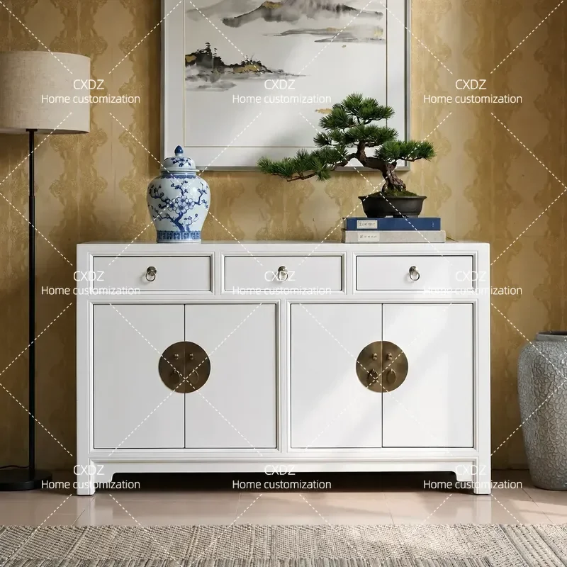 New Chinese Style White Solid Wood Side Cabinet Antique Simple 4 Door Storage Shoe Cabinet Retro Living Room Entrance Console