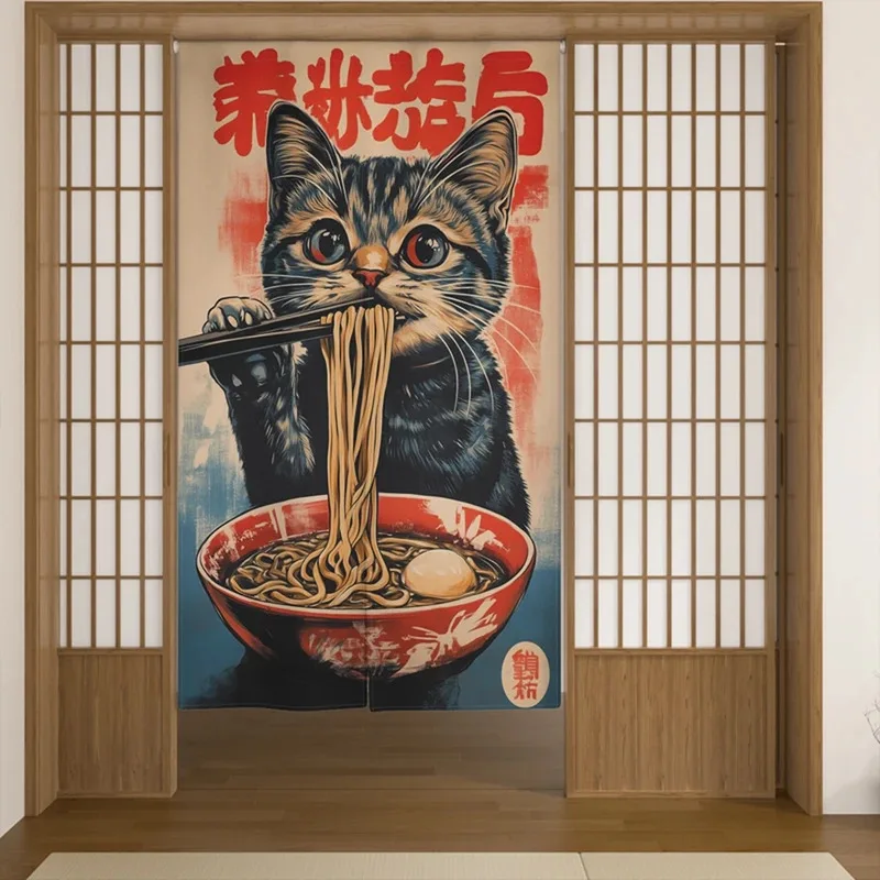 VIKAMA Japanese Style Cat Lamian Noodles Door Curtain Personalized Decoration Restaurant Japanese Restaurant Door Curtain