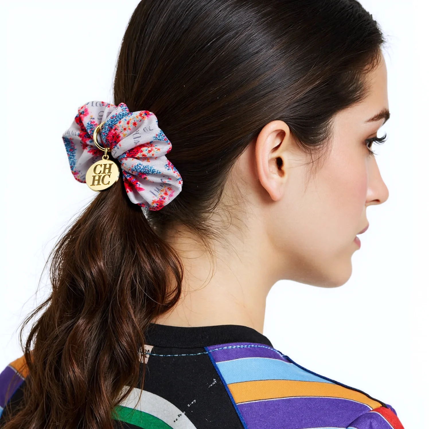 

CH Floral Print Scrunchie Gold Charm Elastic Hair Band Luxury Stylish Hair Accessory Daily Party Vacation Wear Trendy