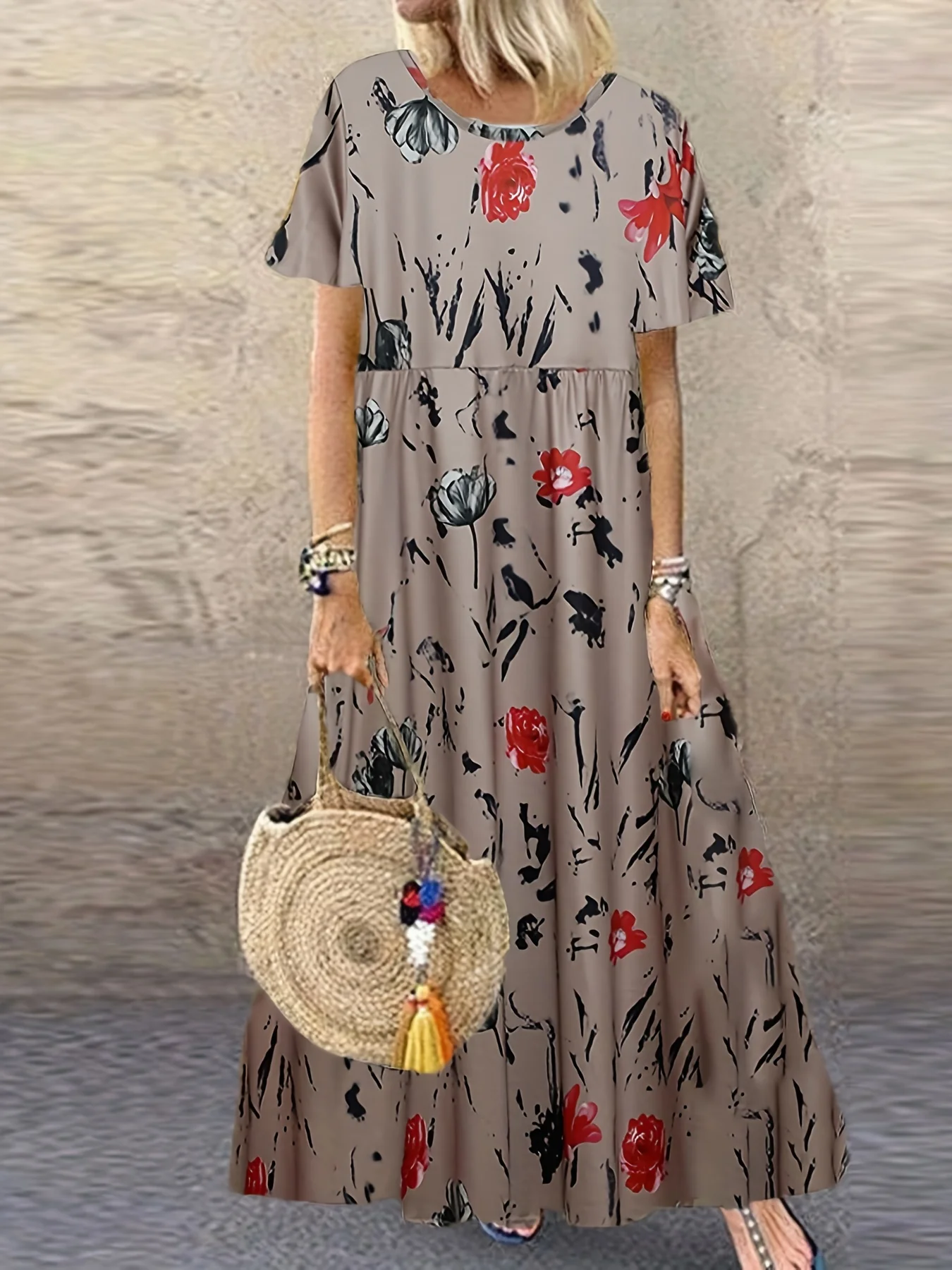2024 Neues Kleid mit Retro-Blumendruck, kurze Ärmel, Rundhalsausschnitt, neu – Detail 2