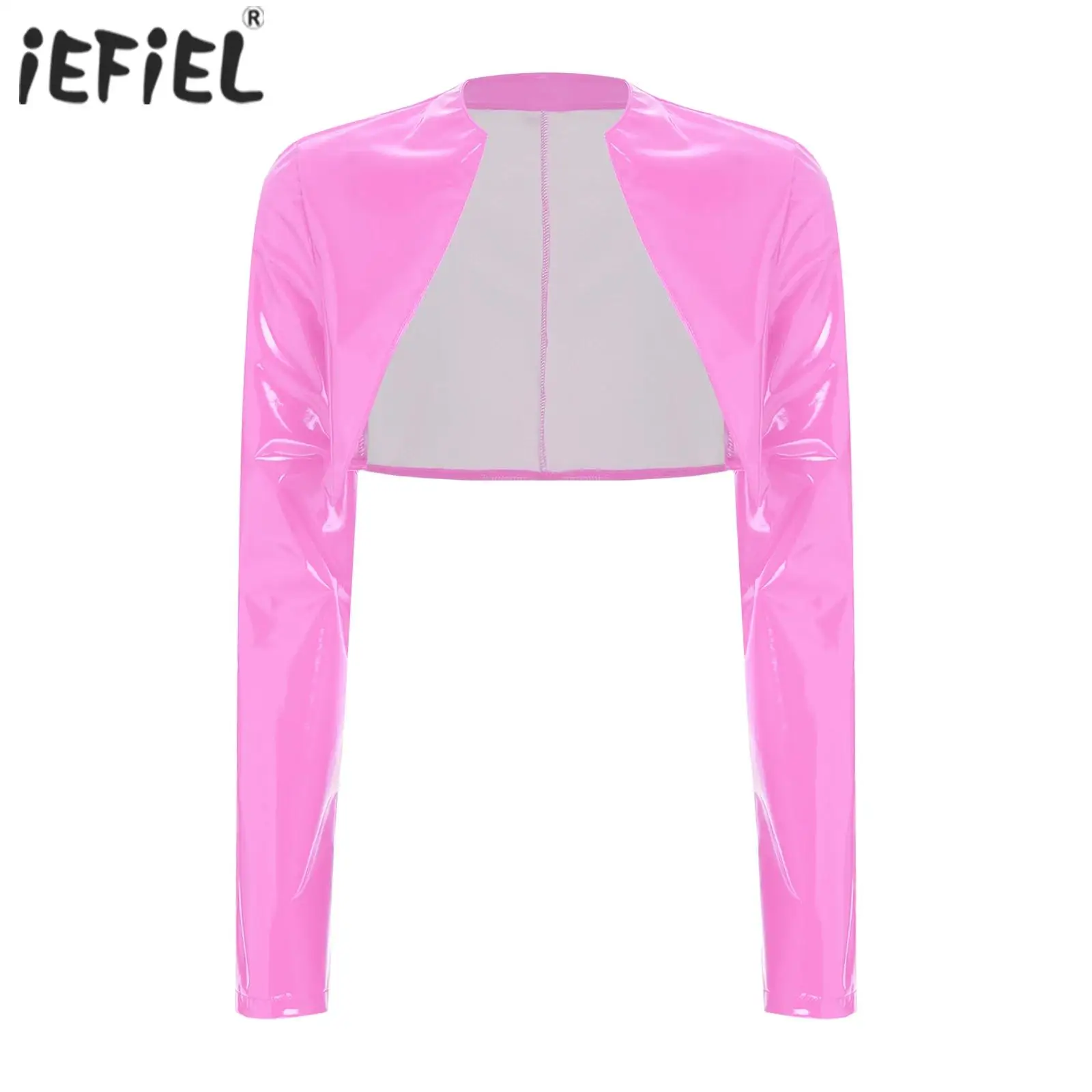 

Womens Glossy Disco Party PU Cardigan Open Front Long Sleeve Crop Tops Unlined Motor Biker Cropped Jackets Driving Clubwear