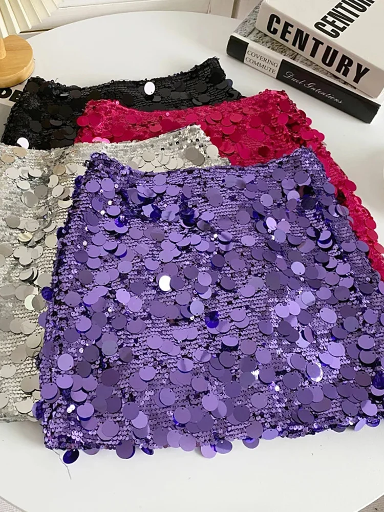 

Luxury Champagne Sequin Mini Skirts for Women Fashion Sexy Shiny High Waist Aline Skirt Purple Glitter Evening Party Club Female