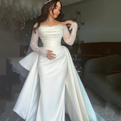 Luxury White Lace Appliques Mermaid Wedding Dresses Fashion Off The Shoulder Long Sleeves Crystal Floor Length Bride Gowns