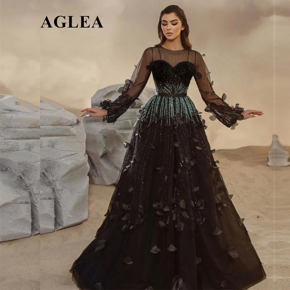 AGLEAProm Dress Exquisite Boat Neck FloorLength Long Sleeve A-line Empire Chiffon Formal Evening Gowns 이브닝드레스 فستان حفلات الزفاف