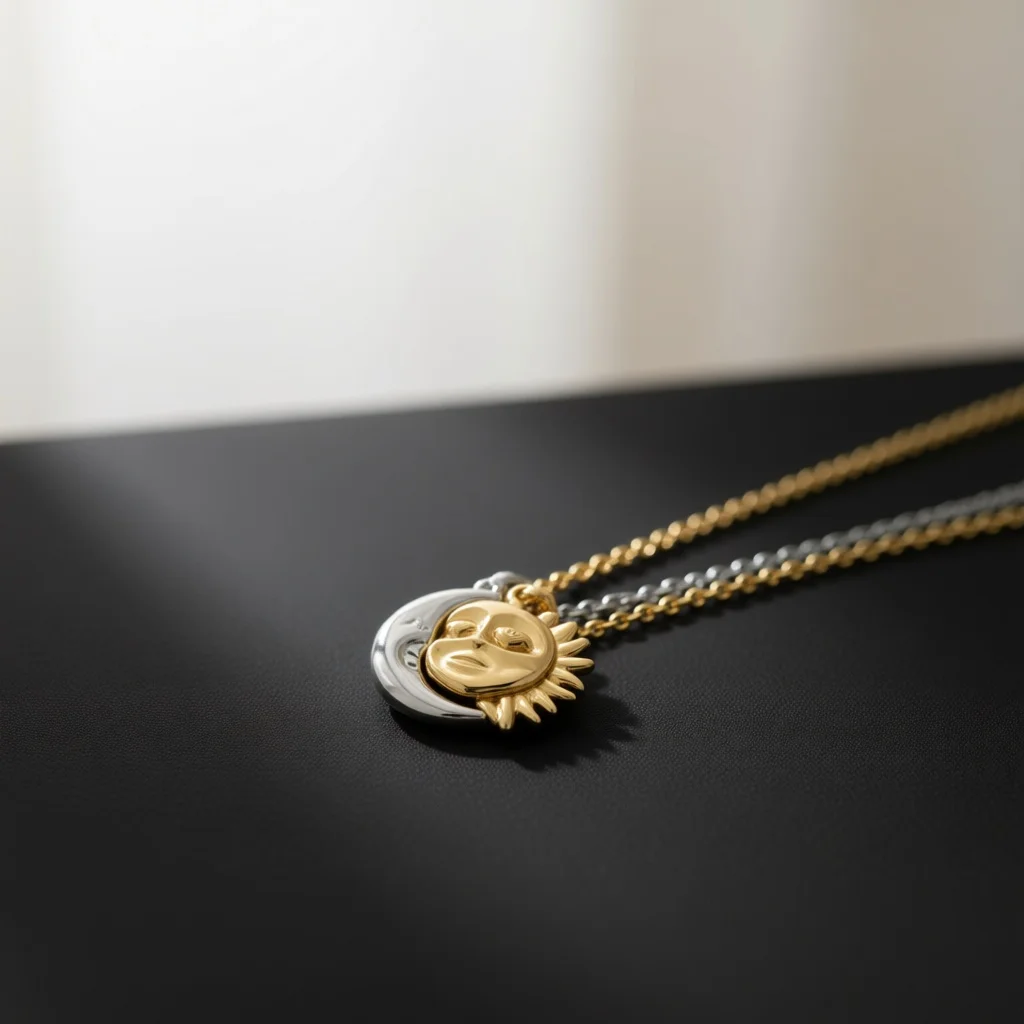 Artistic Two-tone Copper Necklace, Sun Moon Charm, Gold Silver Finish, Embossed Texture, Cable Chain, Gift for Party, Holiday