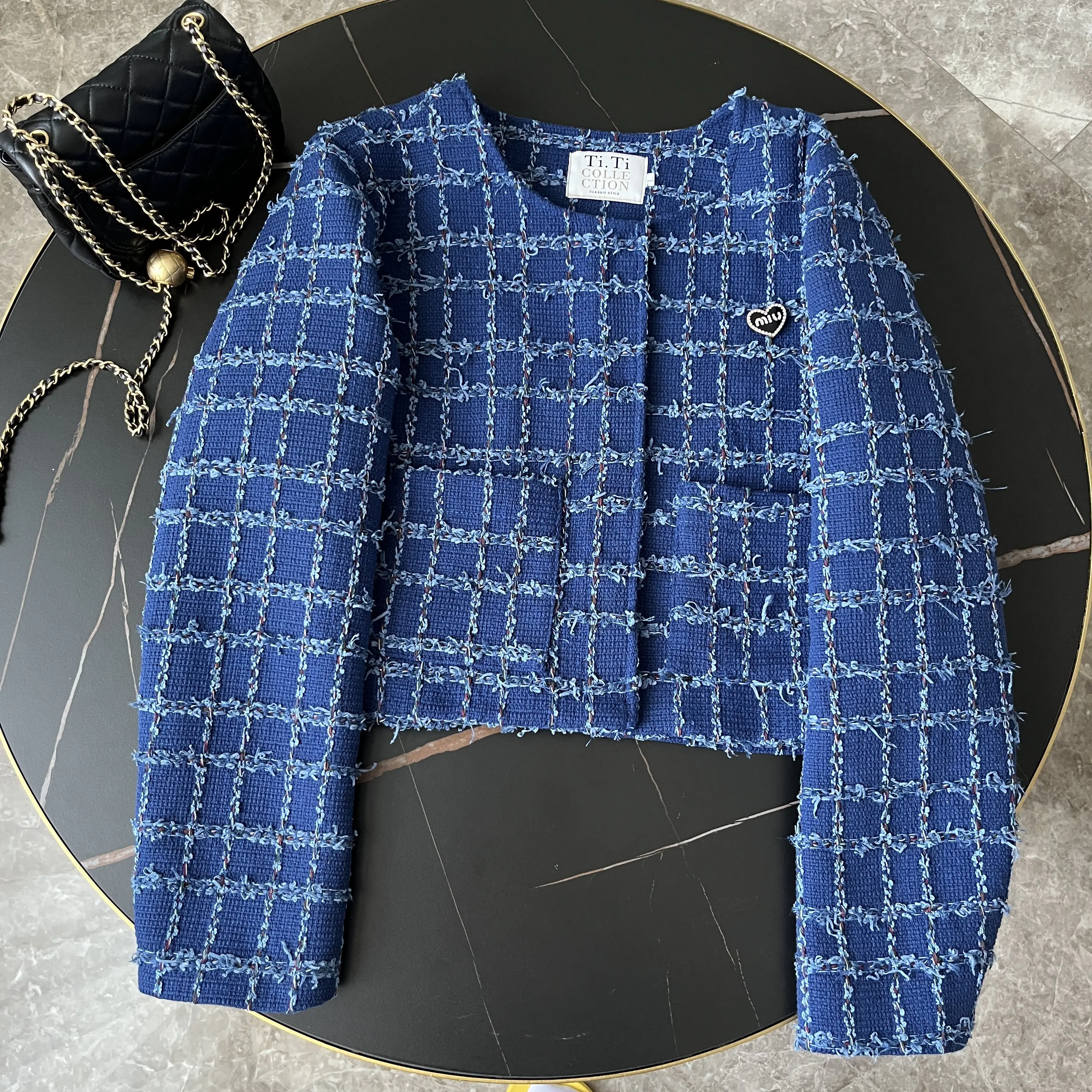 Korean Fashion Small Fragrance Autumn Winter Women Plaid Tassel Tweed O Neck Long Sleeve Pocket Jacket Outwear