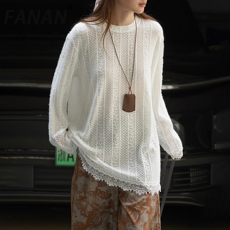 

FANAN винтажный кружевной вязаный пуловер с вырезами, свитер для женщин, топы с круглым вырезом и длинными рукавами, женские осенние новинки 2023 г.