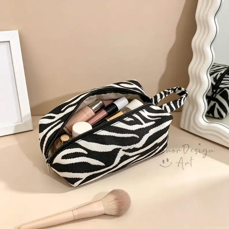 Embroidered Zebra Print Cosmetic Bag Custom Bridesmaid Makeup Bag Personalized Travel Makeup Zebra Pouch Bridesmaid Gift