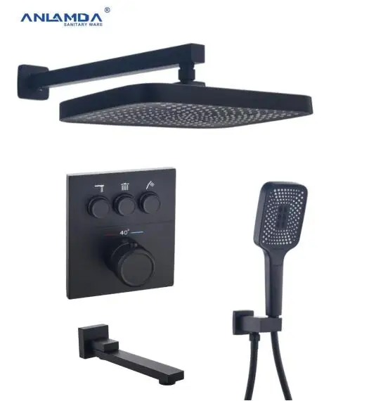 

Luxury Matte Black 3 Functions Thermostatic Hand Shower Brass Hotel Bathroom Concealed Rainfall Shower System