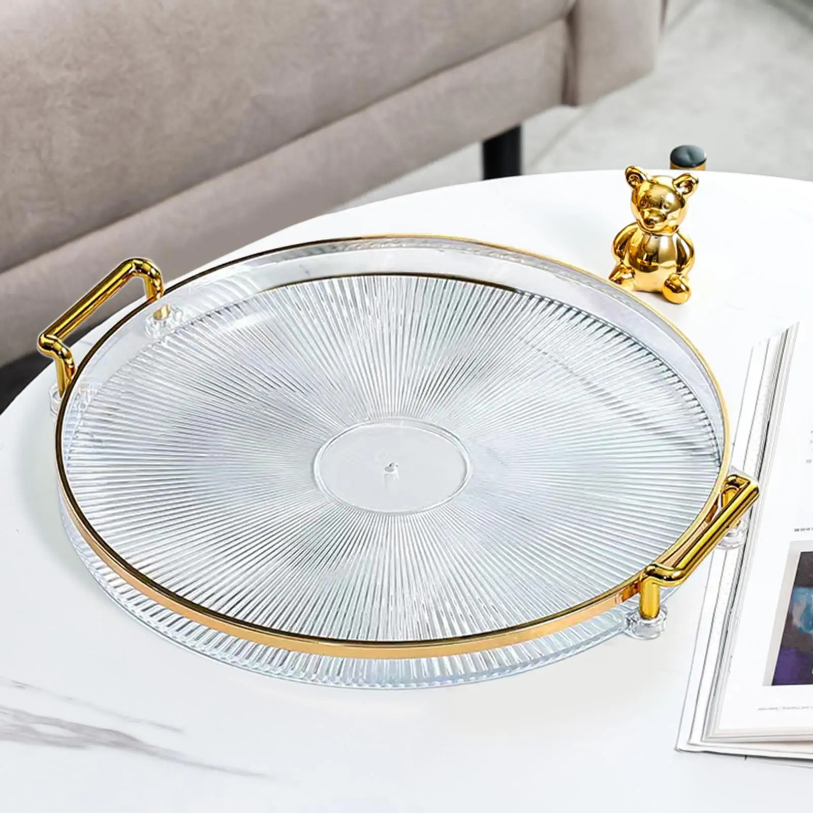 Cute Decorative Round Tray with Elongated Gold Handles PS Plastic Breakfast Plate for Party Event Serving