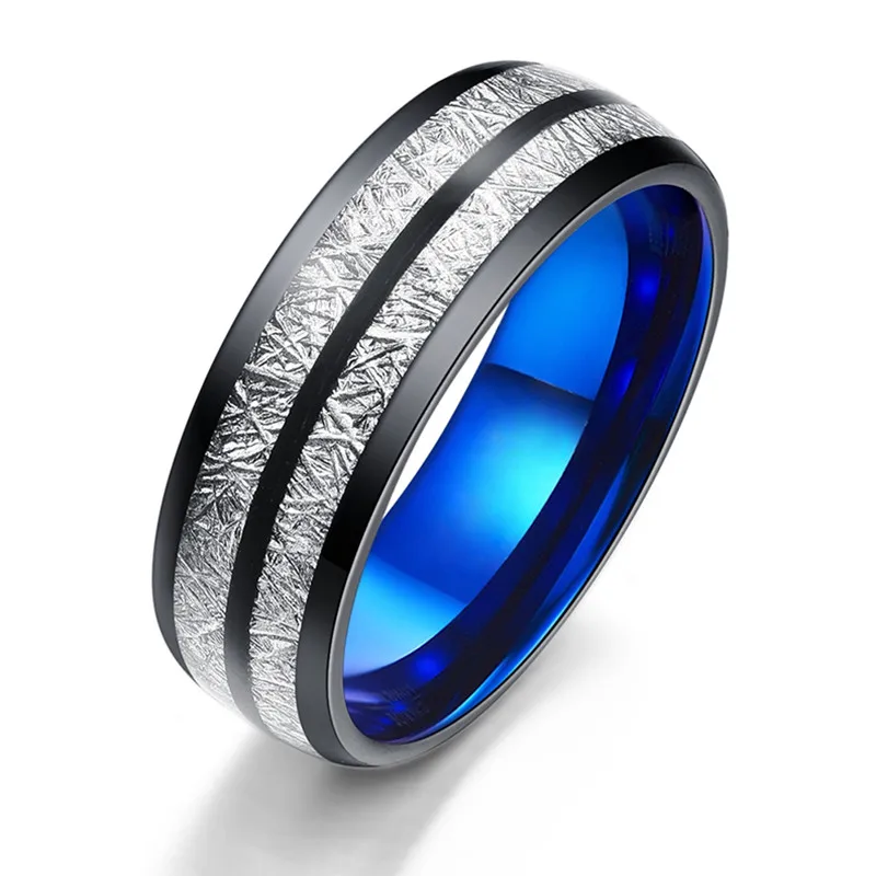 8mm Classical Stainless Steel Rings for Men Accessories Anniversary Party Gift Fashion Blue Stripe Engagement Wedding Band