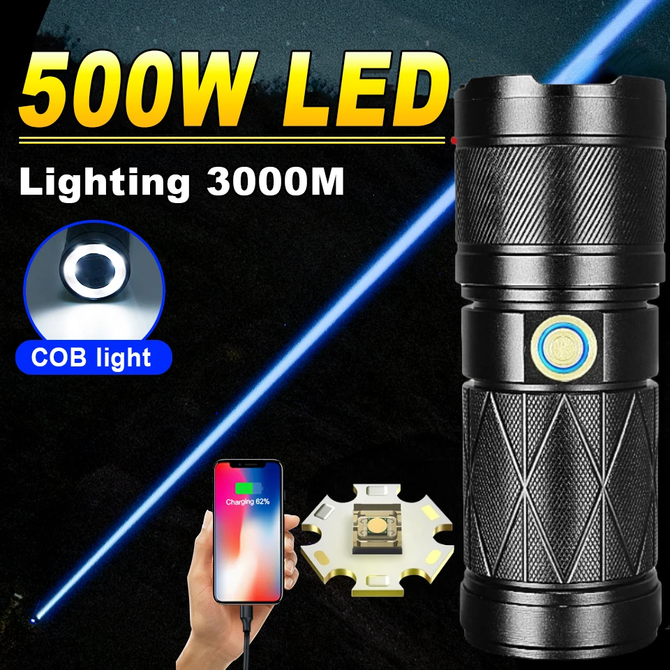 White Laser LED Flashlight Type-C Rechargeable Double Head 5 Mode Zoom Torch Built-in Battery Camping Outdoor Work Light