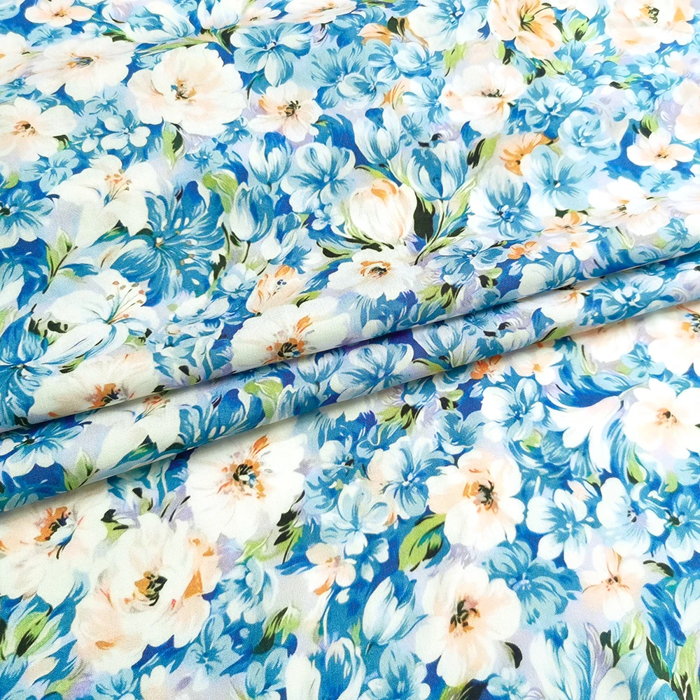 1 meter X 1.4 meter Blue County Flower Viscose Poplin Fabric For Dress Shirt