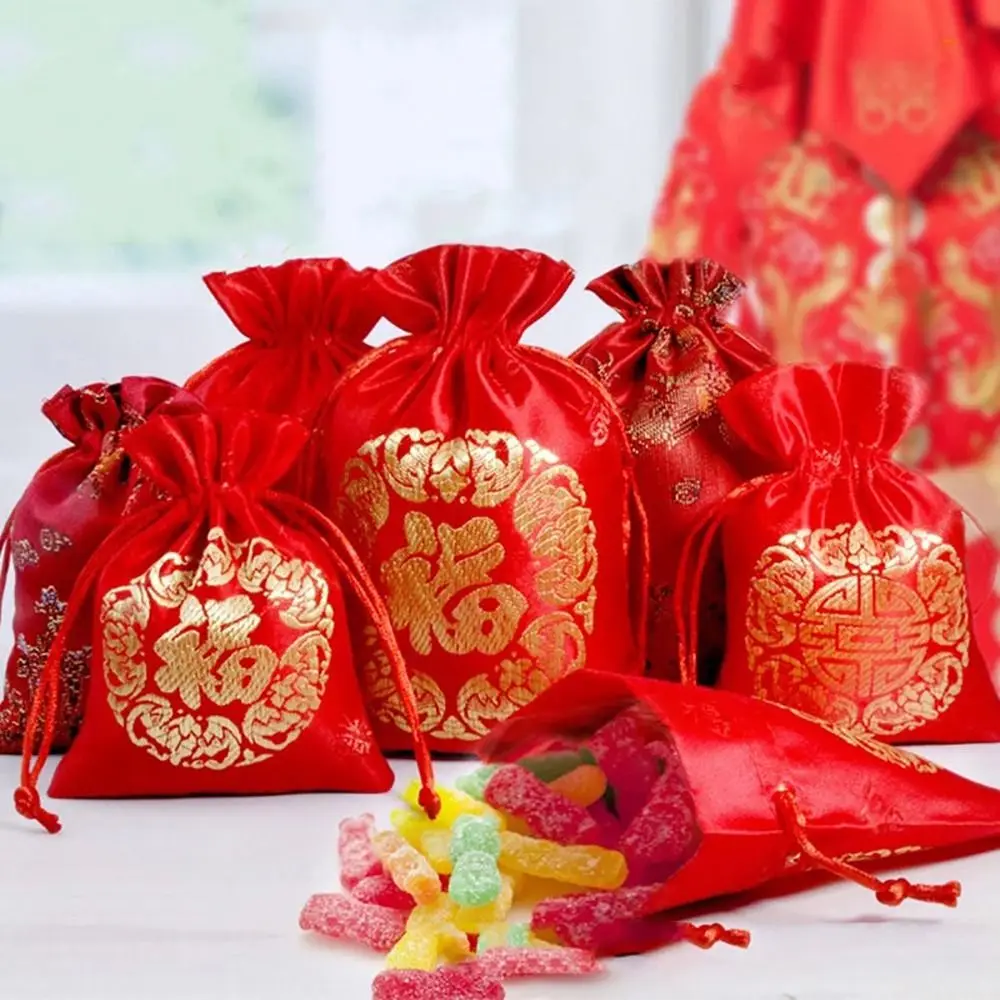 Chinese Silk Fu Bag New Year Lucky Bags Jewelry Drawstring Pouch Cookie Candy Gift Bags Wedding Christmas Party Gift Packaging