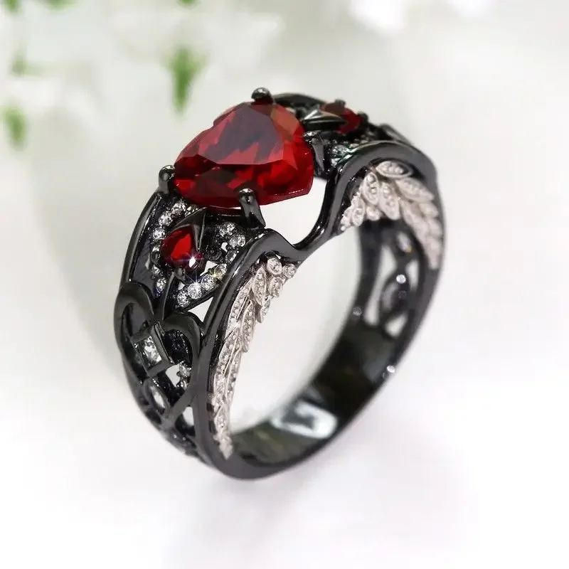 Vecalon Sexy Cool Lovers' Ring Sparkling Jewelry White&Black Gold Filled Red 5A Heart Shape CZ Women Wedding Band Finger Ring