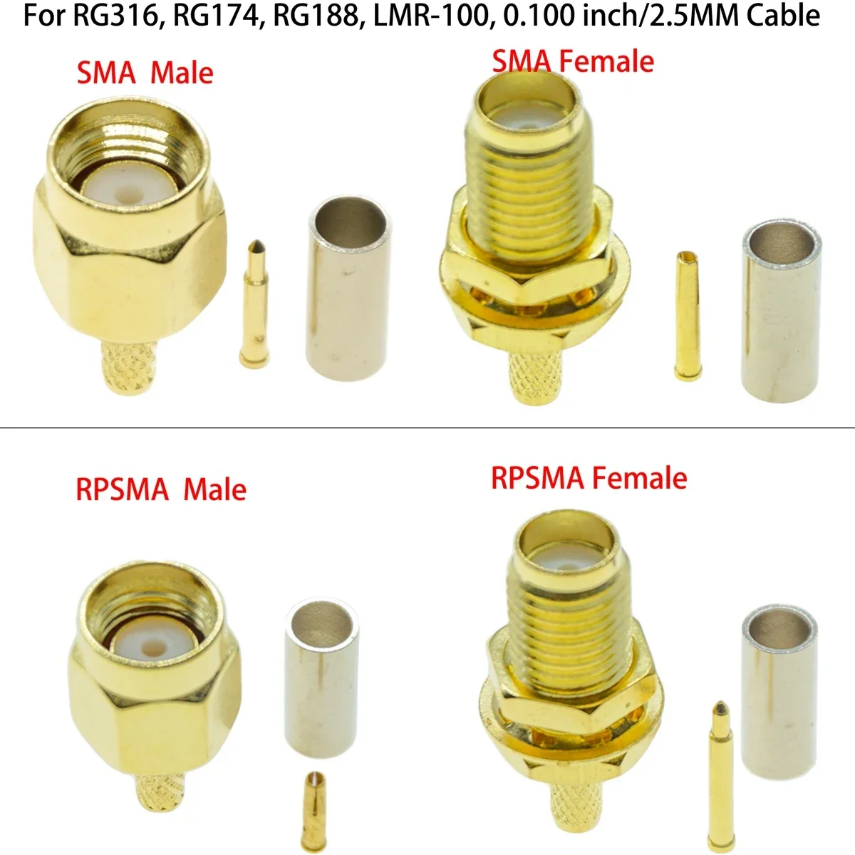 Conector Coaxial SMA macho, conector hembra, RPSMA, RF Coaxial, engarce de ángulo recto para LMR100, RG174, RG316, adaptador de Cable recto, 2 uds.