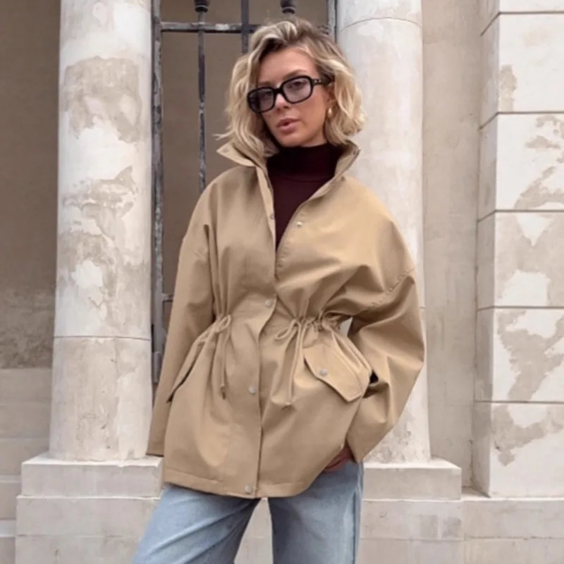WTHT 2026 Summer Fashion Women Drawstring Elastic Waist Design Trench Coat Trendy Lapel Long Sleeve Casual Jacket Female 1LS3048