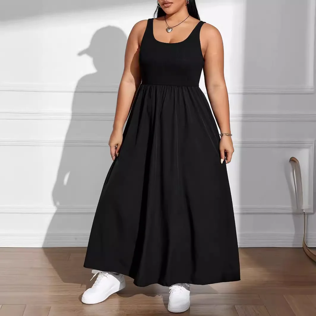 

Dresses 2024 New Plus Size Women Square Neck Sleeveless Dress Fashion Casual Waist Undershirt Large Solid Color Mid-length Dress