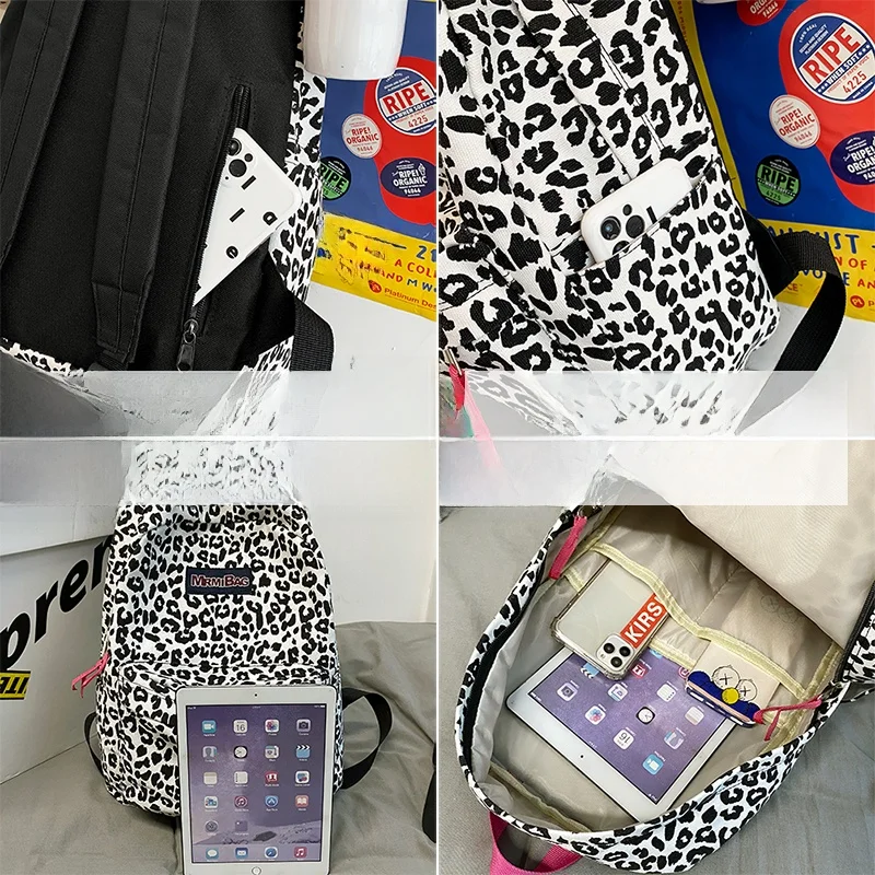 

Trendy Korean Sle Leopard Print Bapa Large Capaci Dual oulder Bag for College Girls Commuter Sle Polyester Material