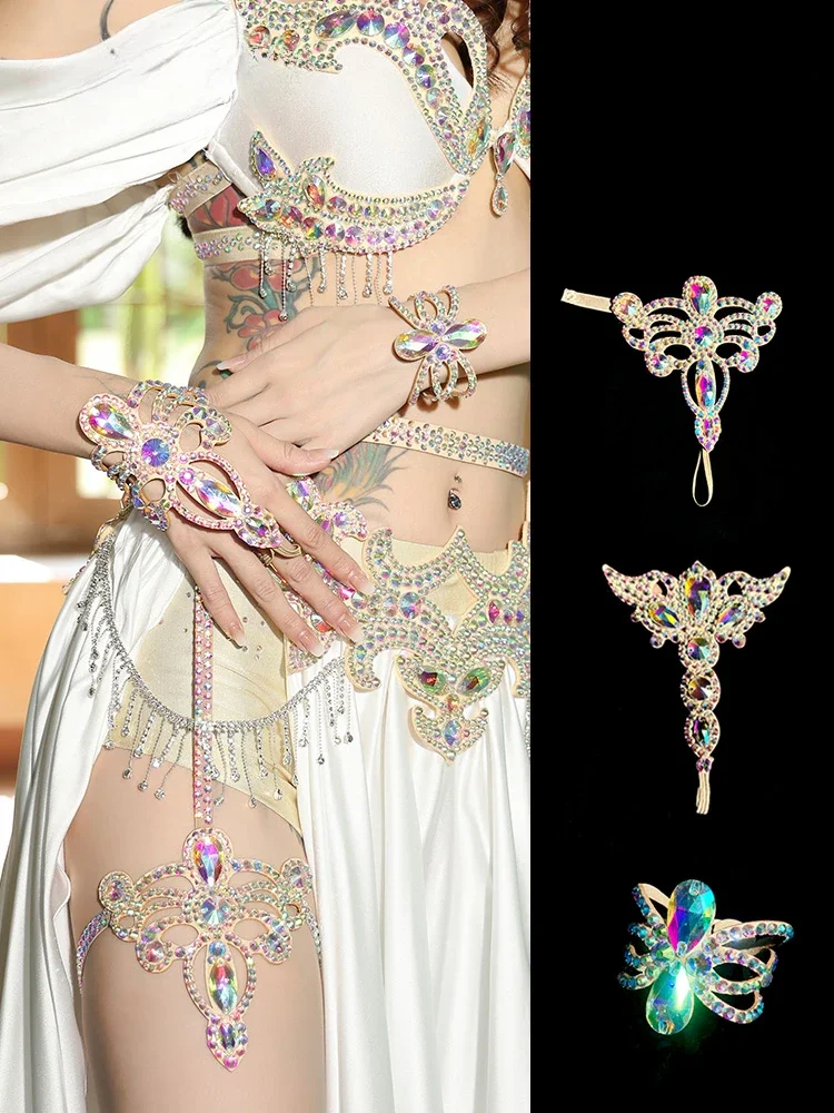 Acessórios de roupas de dança do ventre feminino brilhante strass palco colar desempenho oriental tornozeleira brinco jóias