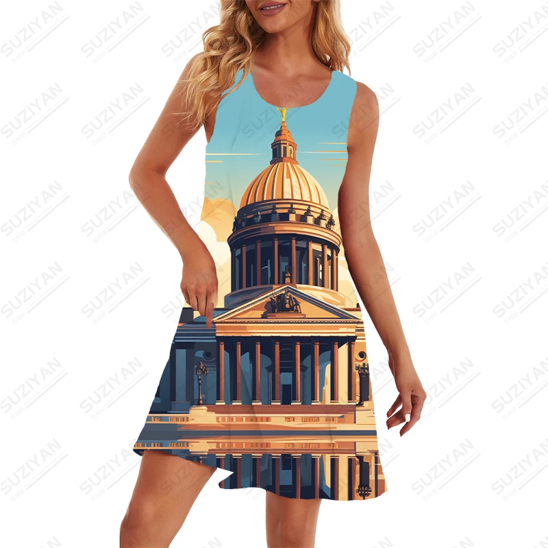 Vestido feminino sem mangas estampado em 3D, confortável, respirável, casual, solto, quente vendendo, moda verão, 2023