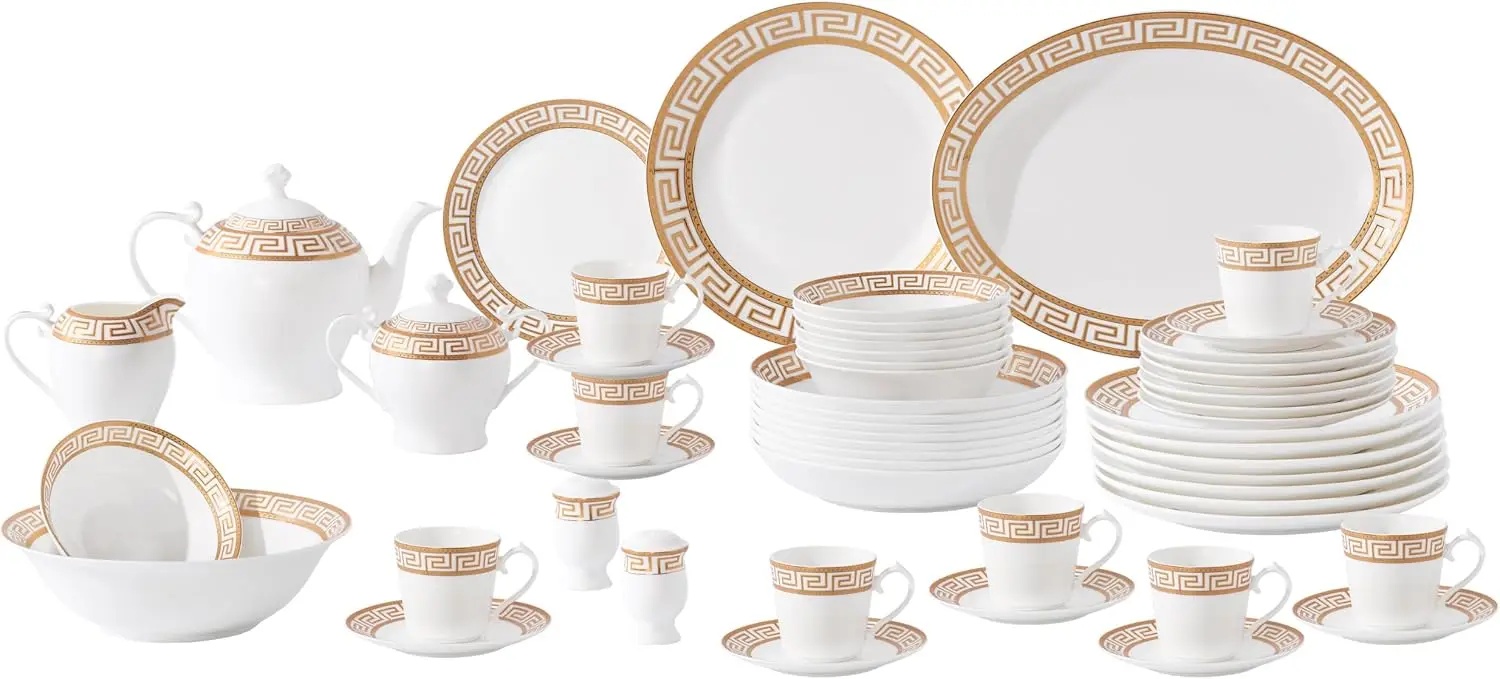 Bone China Dinnerware Set, Complete Service for 8, 57 Pieces, Gold Greek Key Motif