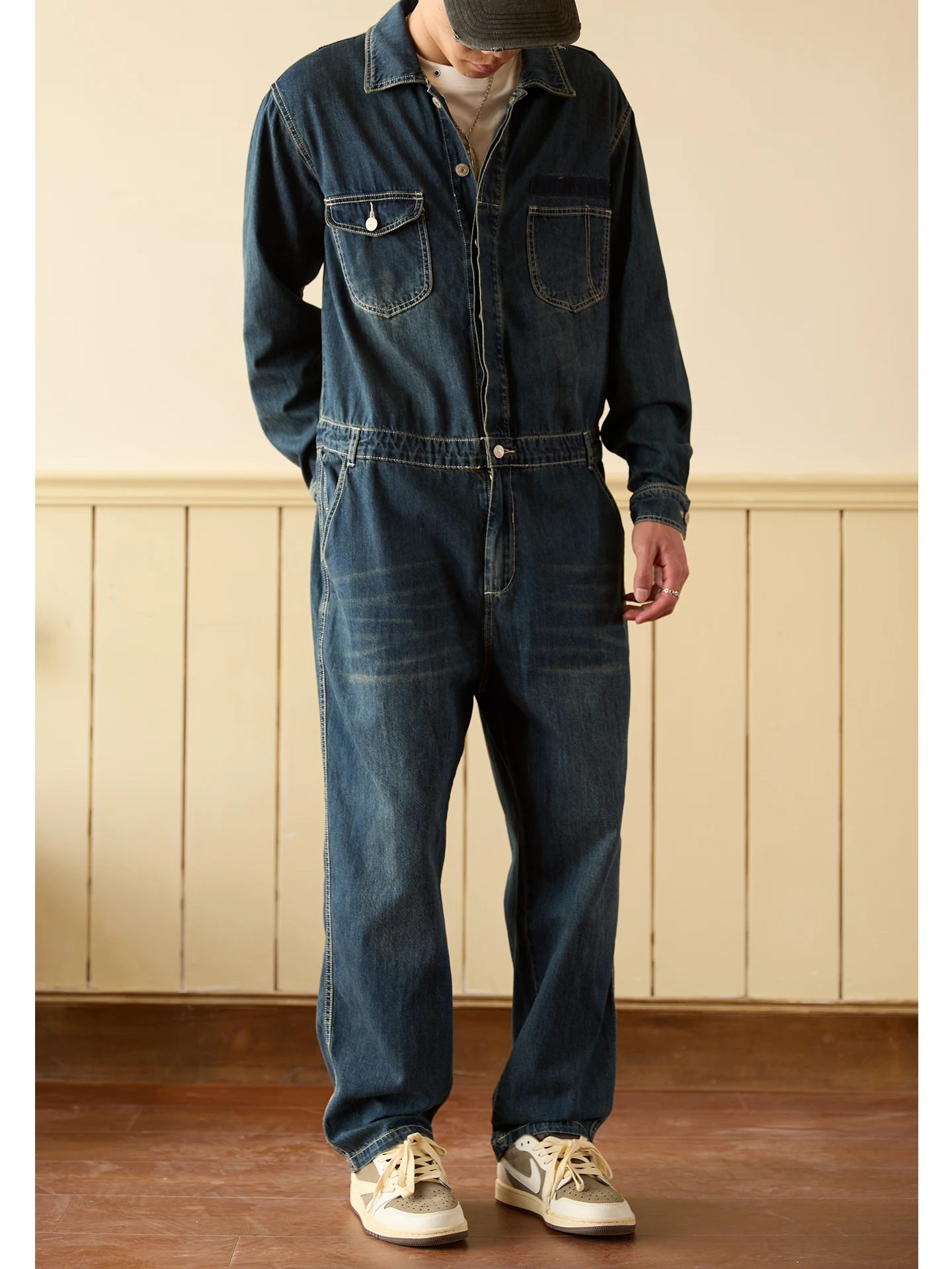 

Retro Workwear Denim Long Sve Overall Suit Men's Trendy Brand Hip Hop Loose One-Piece Pantsuit ex Denim Overalls