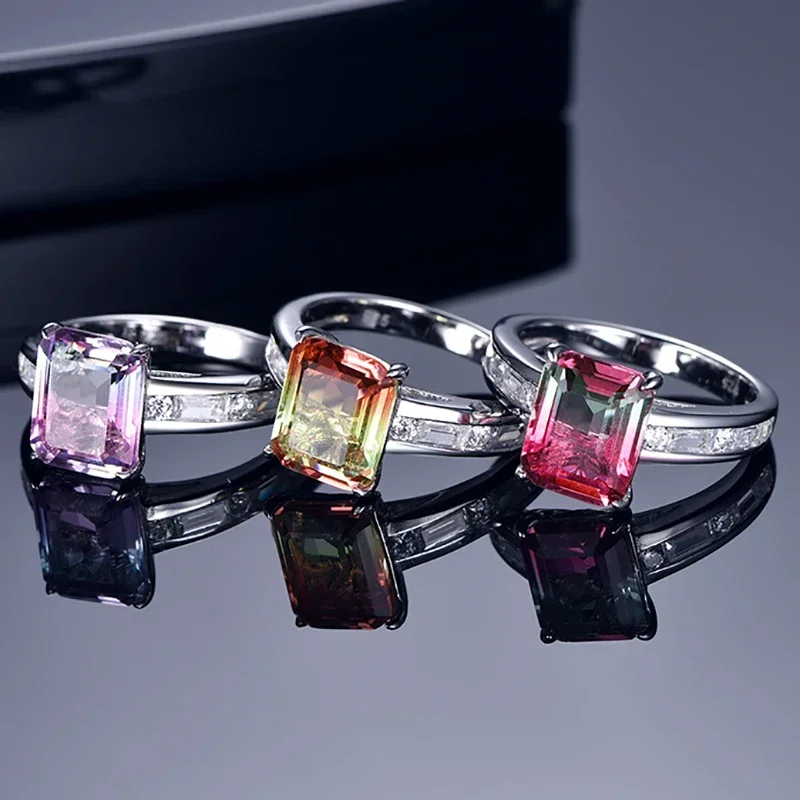 

KOSE 925 Sterling Silver Ring Rectangle Emerald Cut Colorful Tourmaline Gemstone Engagement Wedding Party Fine Jewelry for Women