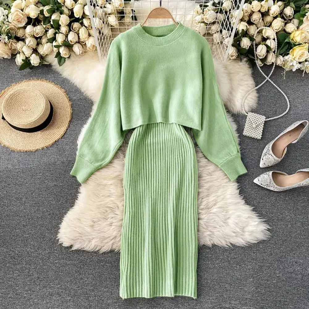 Women Sweater Midi Dress Set Casual Pullovers Suits Autumn Winter O-neck Long Sleeve Knitted Solid Slim Elegance Tops Elastic