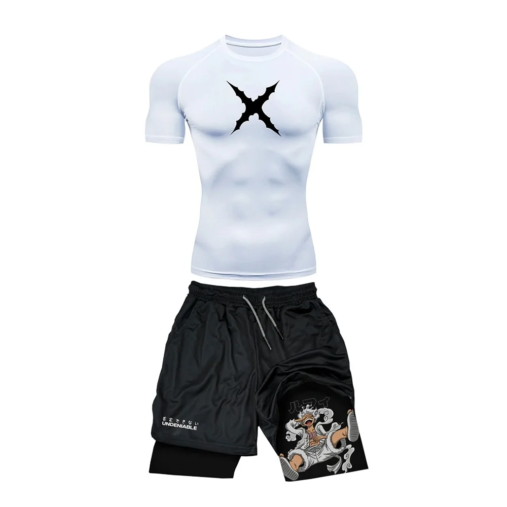 Summer New ONE PIECE Luffy Tight Short Sleeve Shorts Men's And Women's Gym Oversized Breathable Speed Drying Sports T-shirt Set