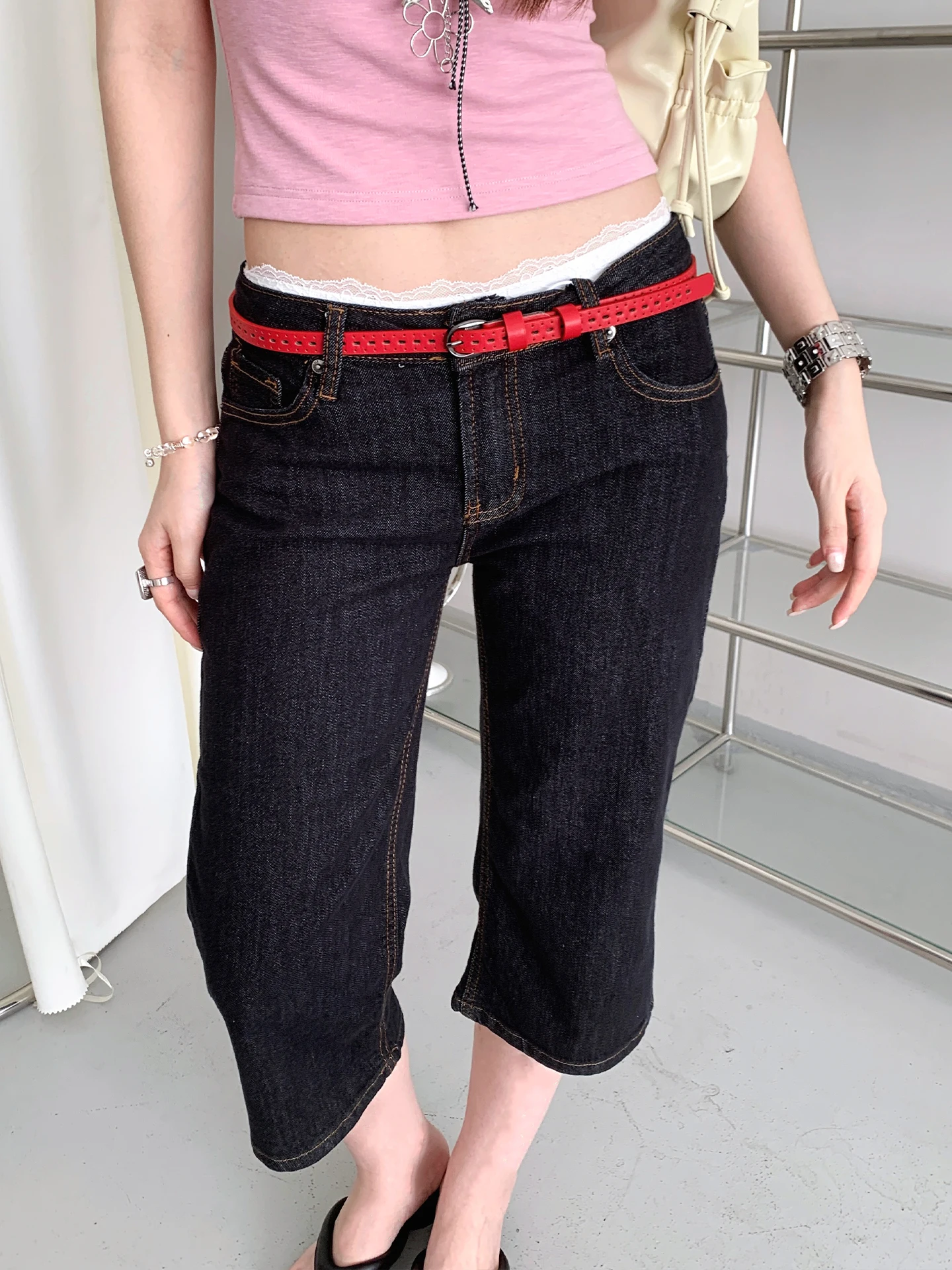 Korean Vintage Hollow-Out No-Drill Red Narrow Waist Belt Women's High-End Metal Buckle Belt Niche Design
