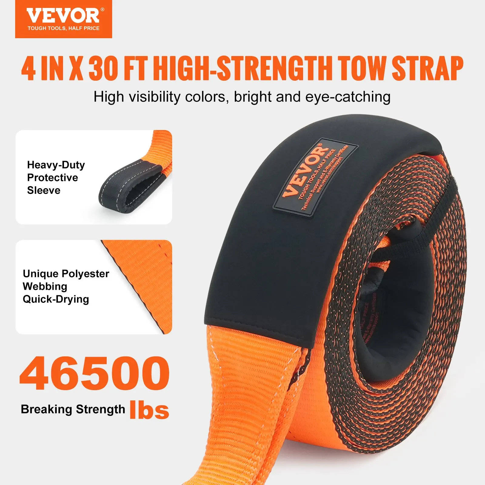 Sangle de remorquage robuste de 4 pouces de large, 31 x 30 x 14 cm, ceinture de remorquage tout-terrain pour le sauvetage de camions, VTT, UTV et véhicules