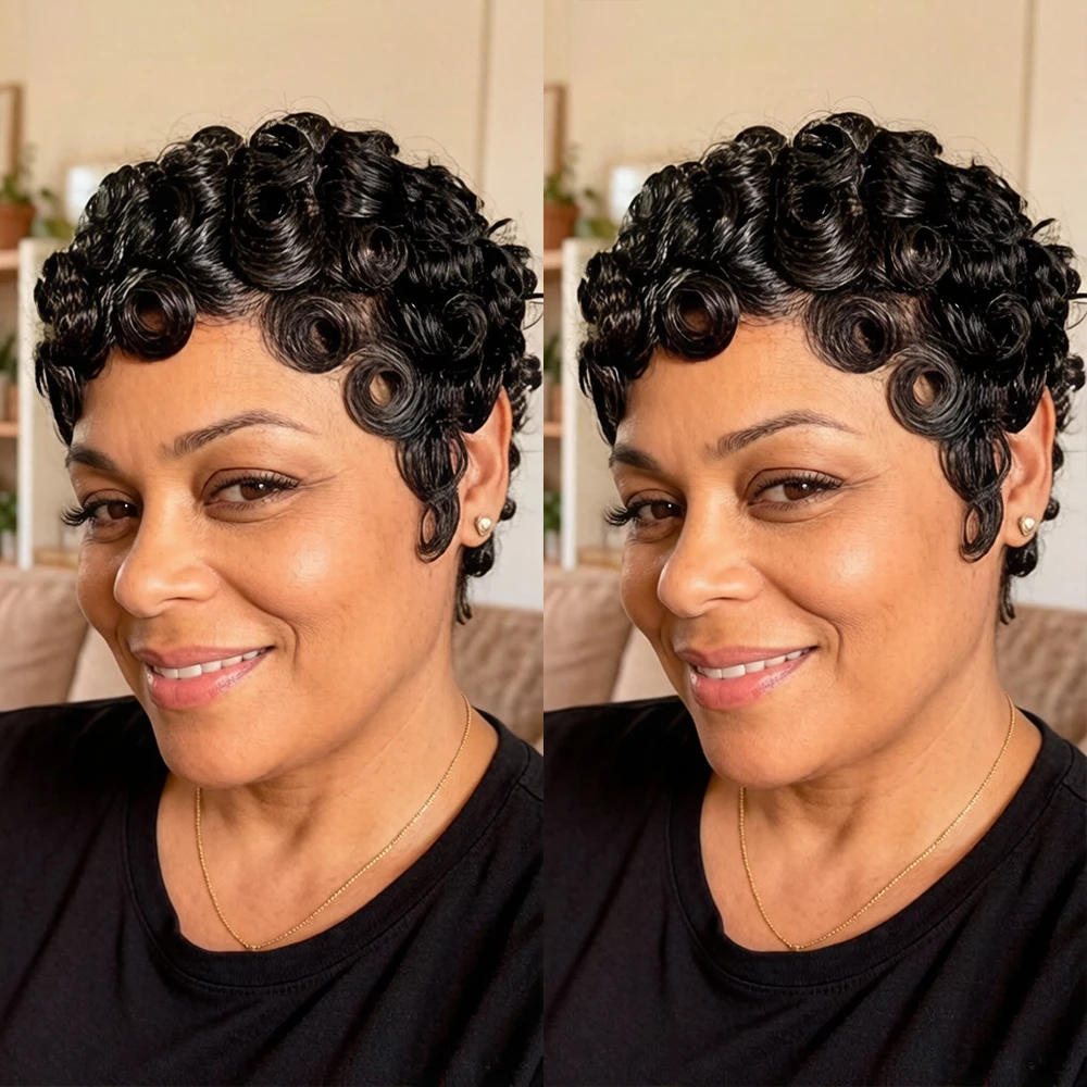 

Pixie Cut Human Hair Wig 4 Inch Short Curly No Lace Dark Brown Black Natural Wave Daily Wear glueless